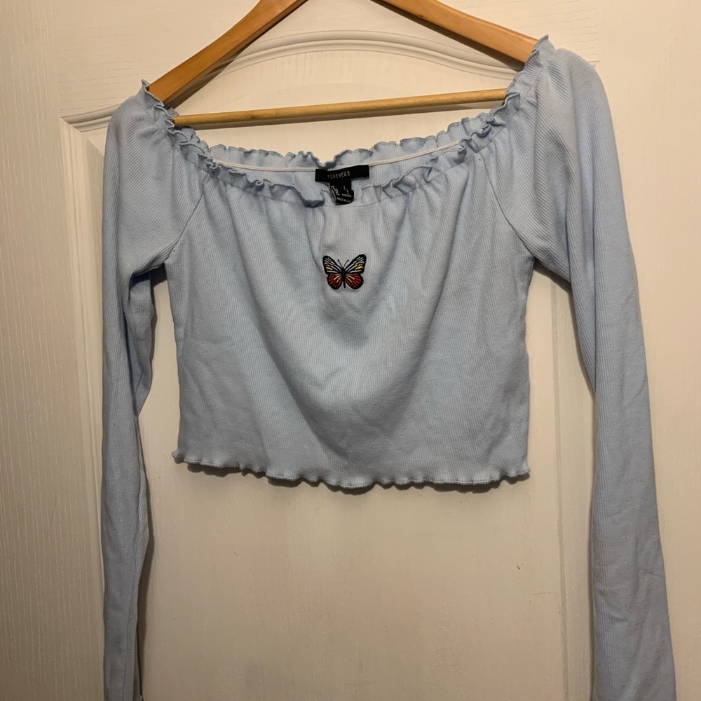 Butterfly Cropped Light Blue - Off Shoulder Top Butterfly Detail & Riffle Detail